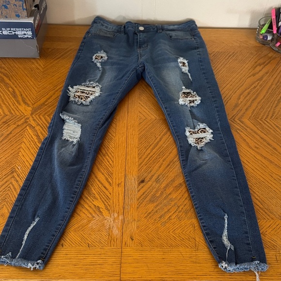 None Denim - Blue Stretch Skinny Jeans with Animal Print Accents